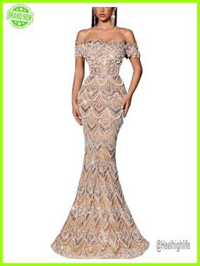 Sequin Beaded Off Shoulder Mermaid Formal Evening Gown Prom Dress